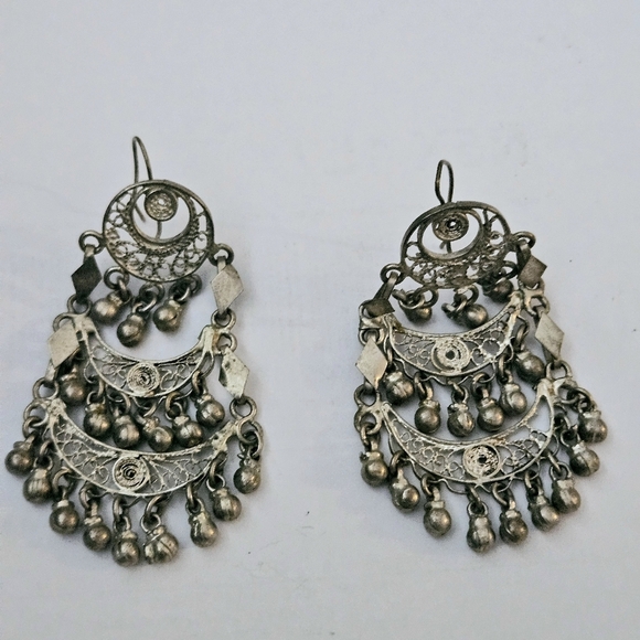 Vintage Handcrafted Intricate Ethnic Design Elegant Silver Chandelier Earrings - Picture 5 of 11